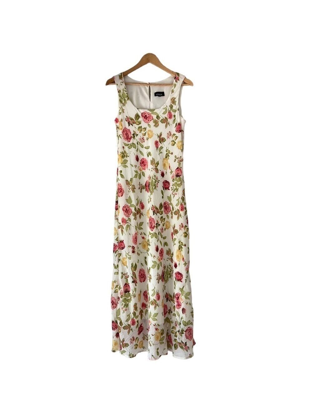 Vintage Lindor maxi dress white floral sleeveless green pink yellow rose size 12